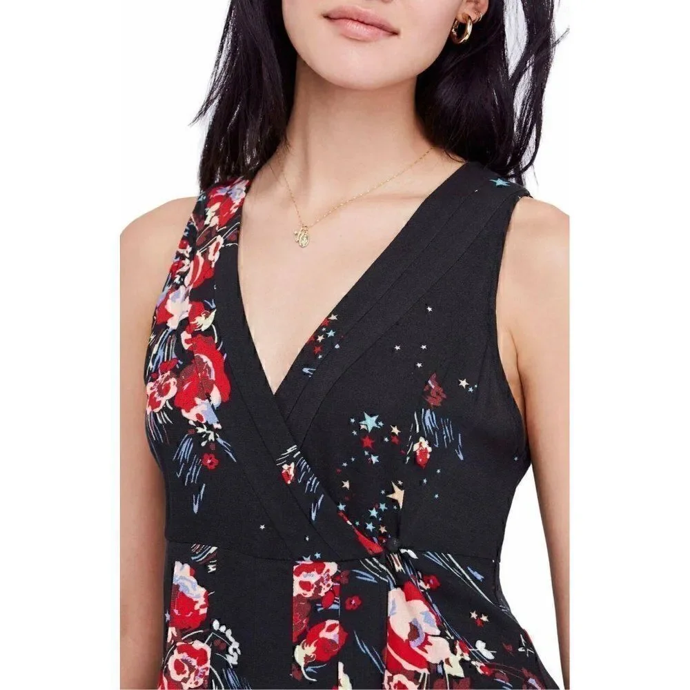 Free‎ People Black Floral Surplice Wrap Blouse Top XS NEW
